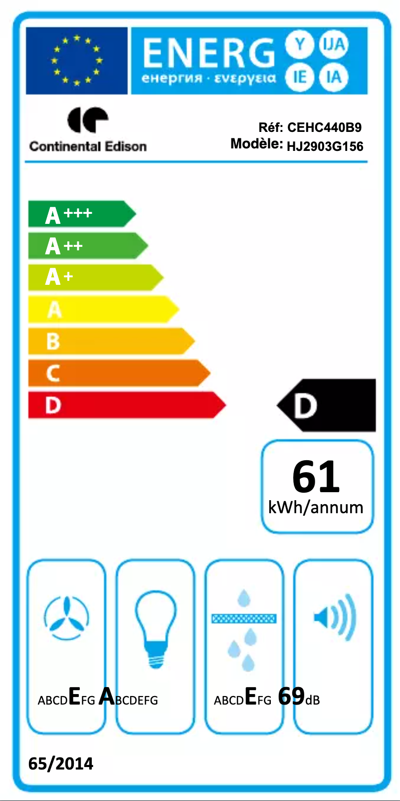 Page 1 de la notice Label énergétique Continental Edison CEHC440B9