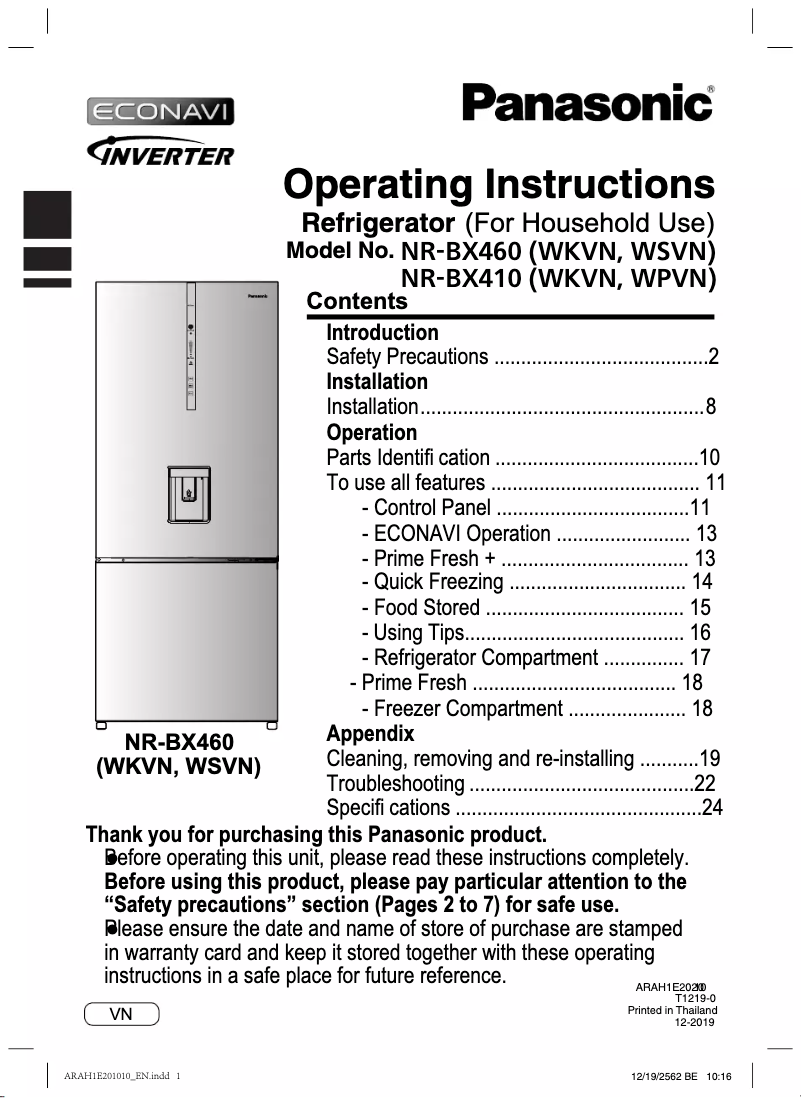 Página 1 del manual Manual de usuario Panasonic NR-BX410QP