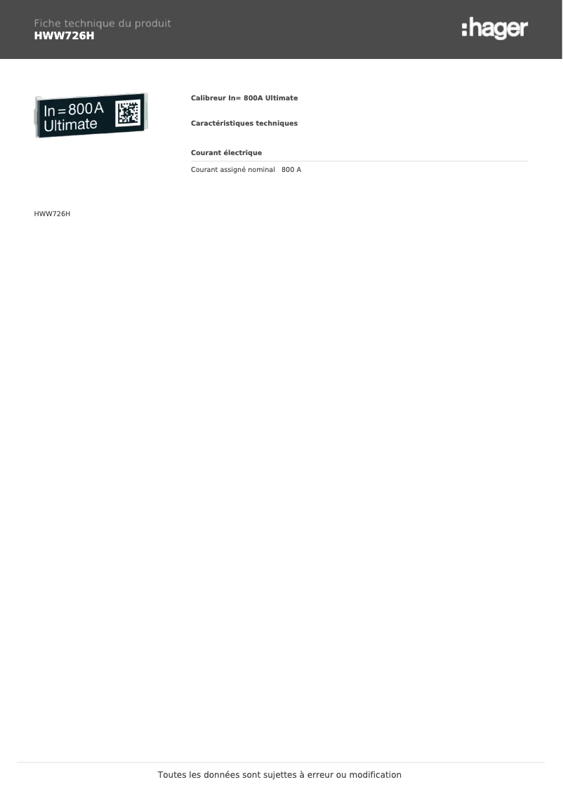 Page 1 de la notice Fiche technique Hager HWW726H