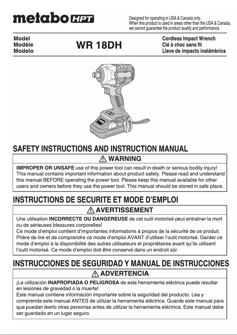 Page 1 de la notice Manuel utilisateur HiKOKI WR18DH