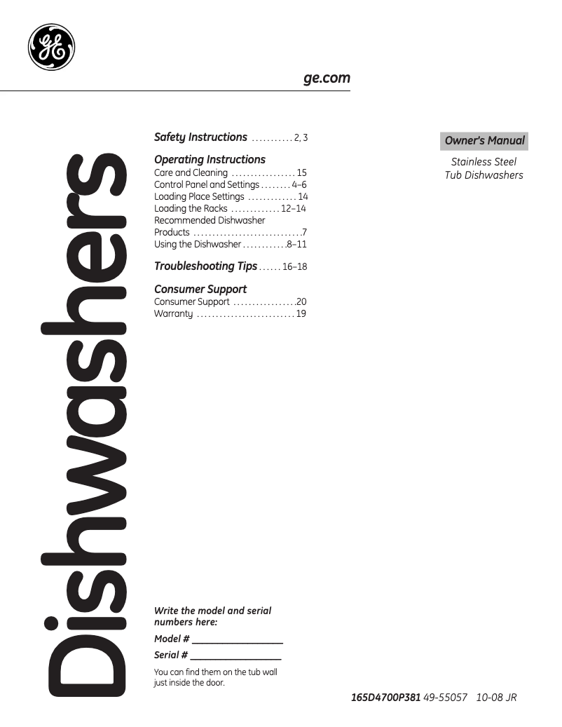 Page n°1 - Manuel d'utilisation et d'entretien GE GDWT100RWW