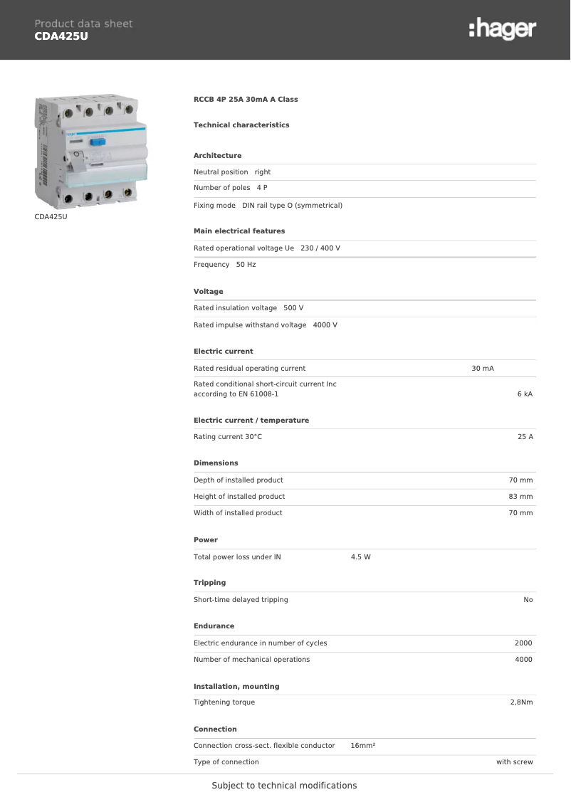 Page 1 of the manual Technical Sheet Hager CDA425U