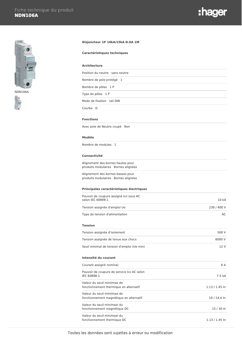 Page 1 de la notice Fiche technique Hager NDN106A