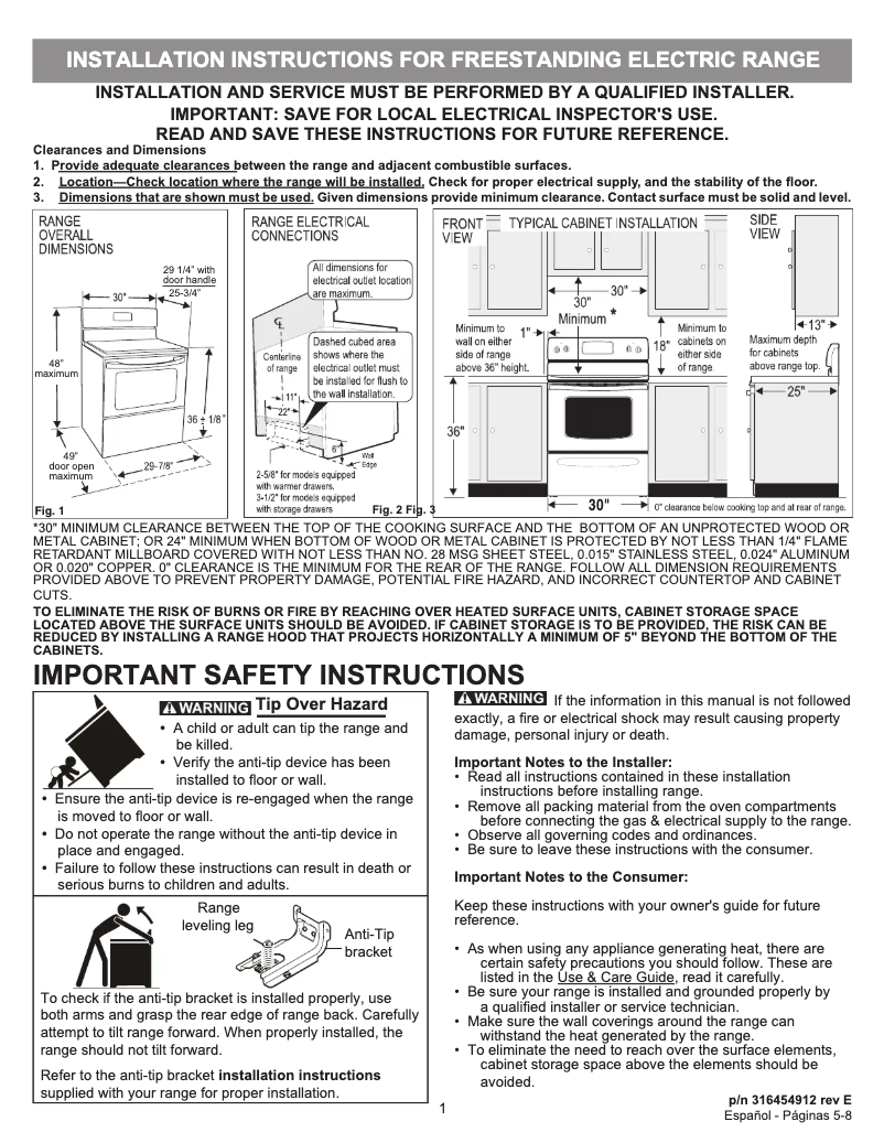 Page 1 de la notice Guide d'installation Frigidaire FGEF3058RW