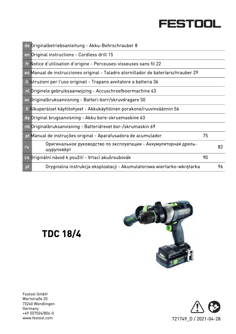 Page 1 de la notice Manuel utilisateur Festool TDC 18/4 5,0/4,0 I-Plus