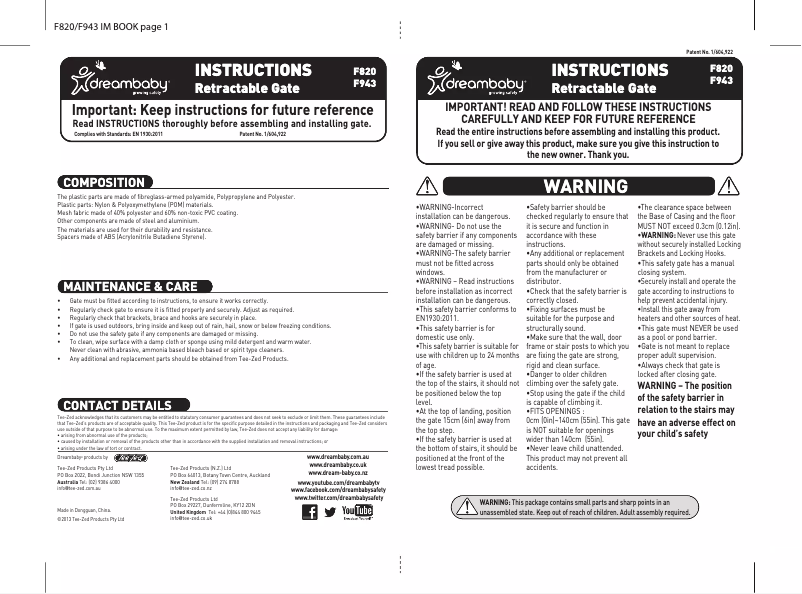 Page 1 de la notice Manuel utilisateur Dreambaby F820