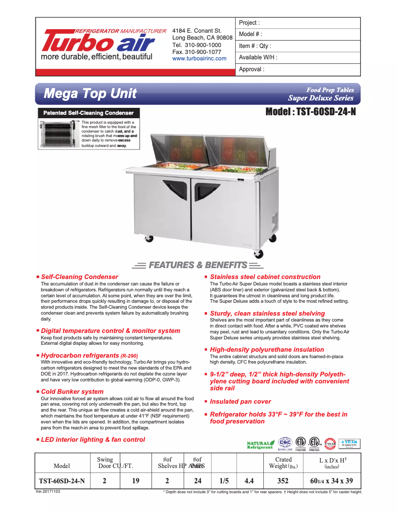 Página 1 del manual Ficha técnica Turbo air TST-60SD-24