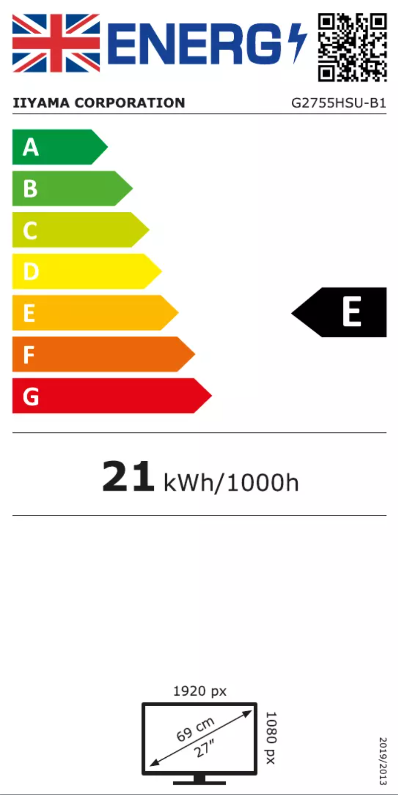 Page 1 de la notice Label énergétique Iiyama G-Master G2755HSU
