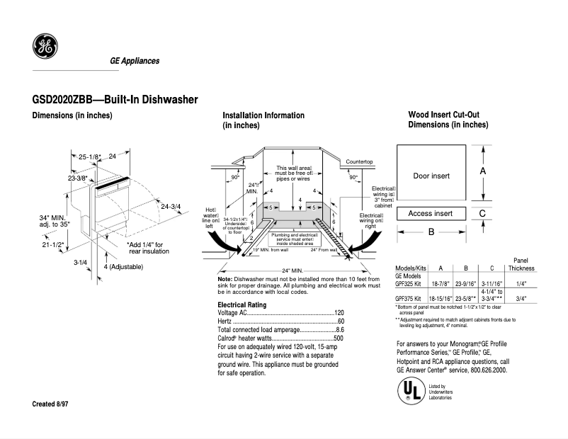 Page n°1 - Fiche technique GE GSD2020ZBB