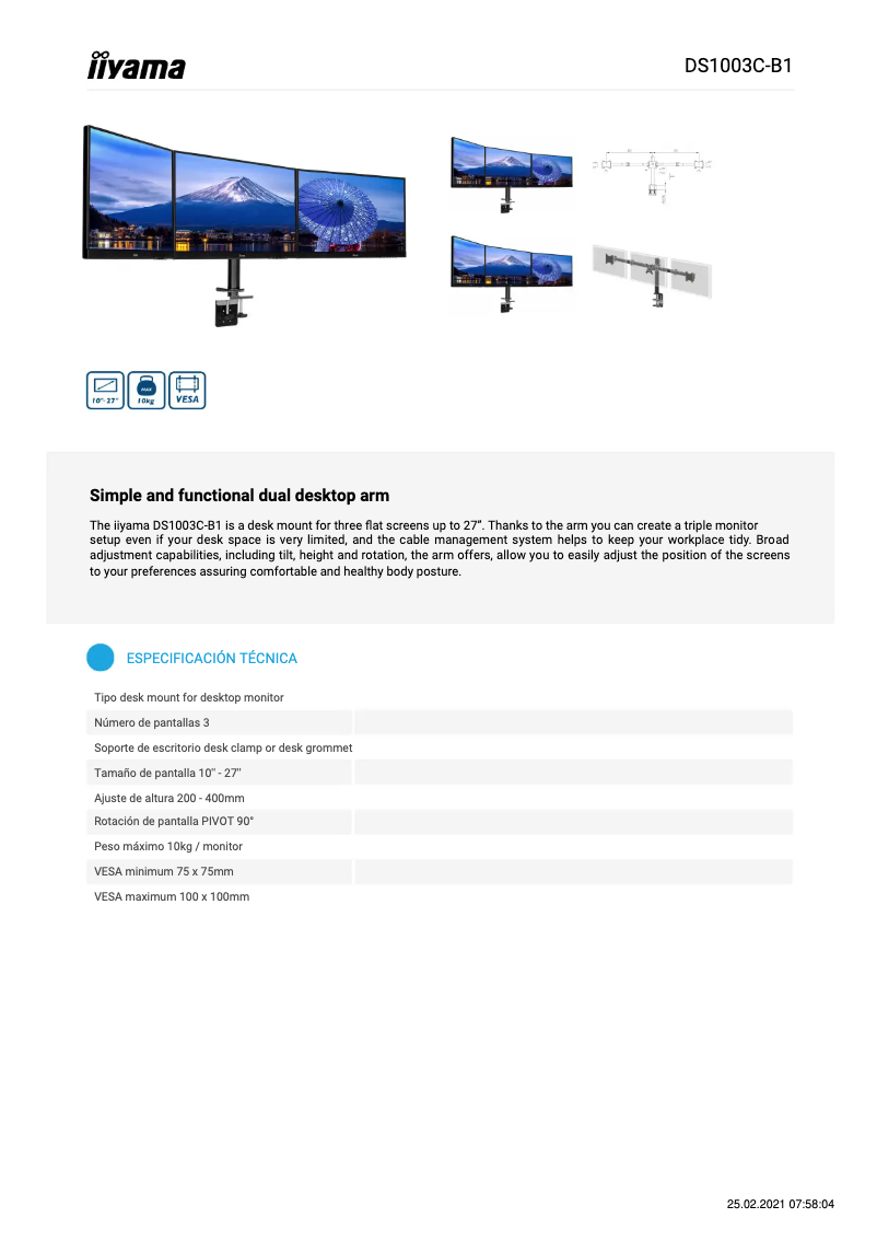 Page 1 de la notice Fiche technique Iiyama DS1003C-B1