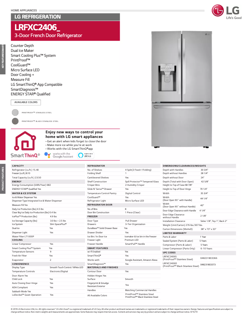 Page 1 of the manual Technical Sheet LG LRFXC2406S