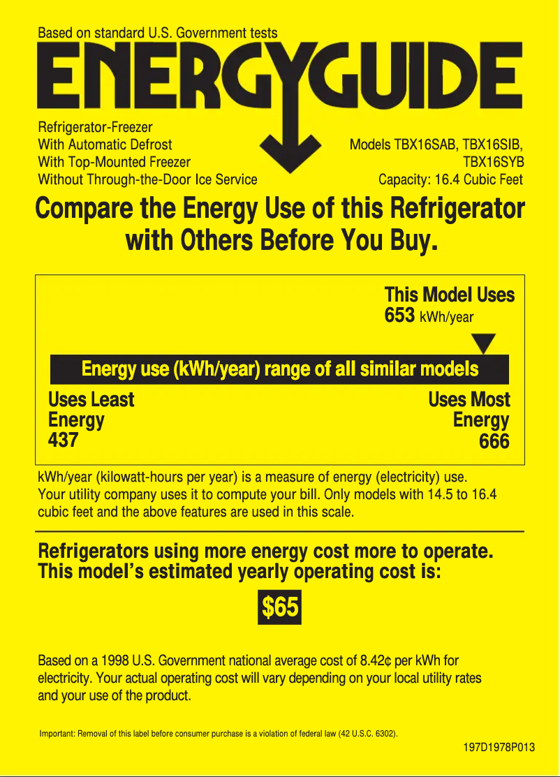 Page 1 of the manual Energy Label GE TBX16SYBRWW