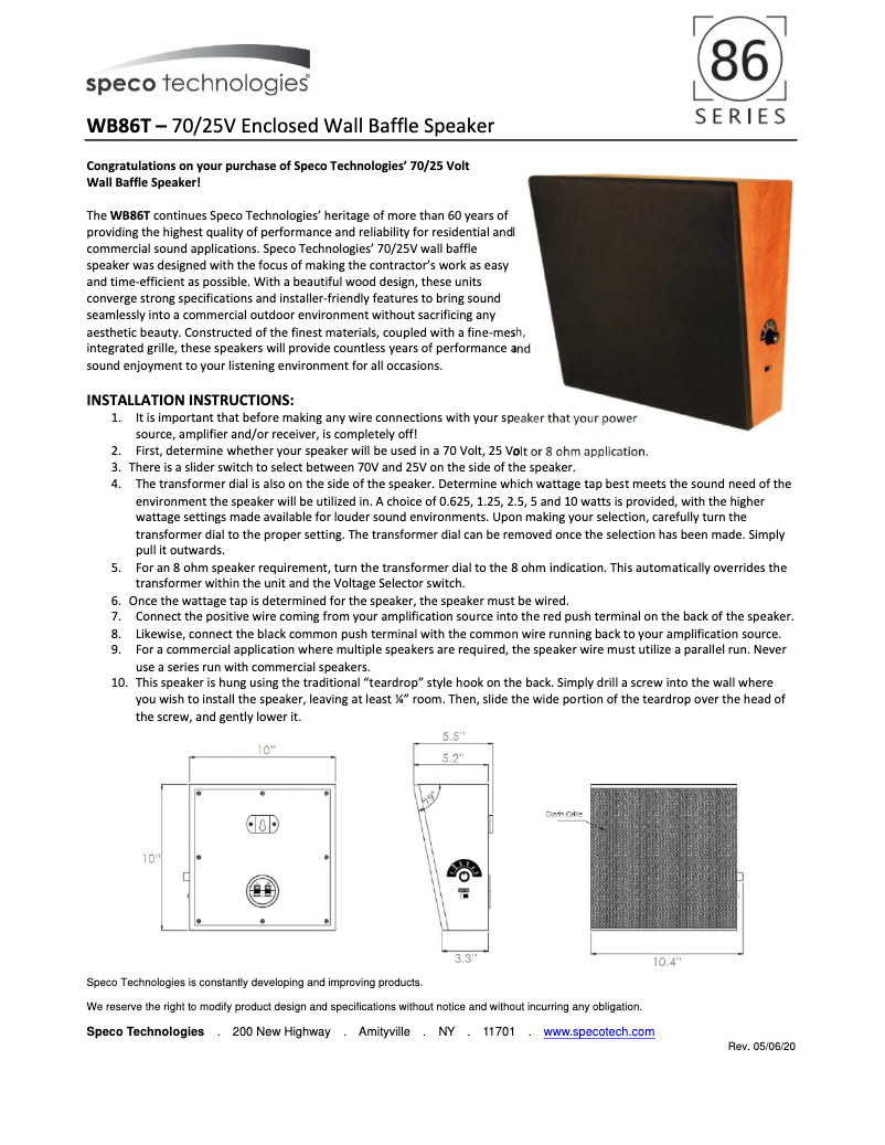 Page 1 de la notice Manuel utilisateur Speco Technologies WB86T