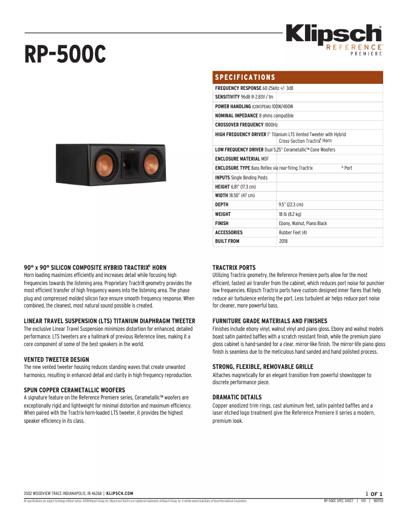 Page 1 de la notice Fiche technique Klipsch Reference Premiere RP-500C