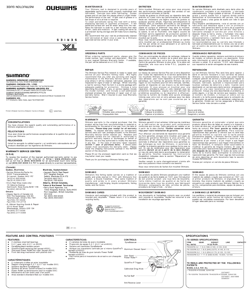 Page 1 de la notice Manuel utilisateur Shimano TX 2000FA