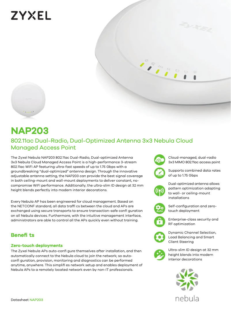 Page 1 de la notice Fiche technique ZyXEL Cloud Managed Access Point