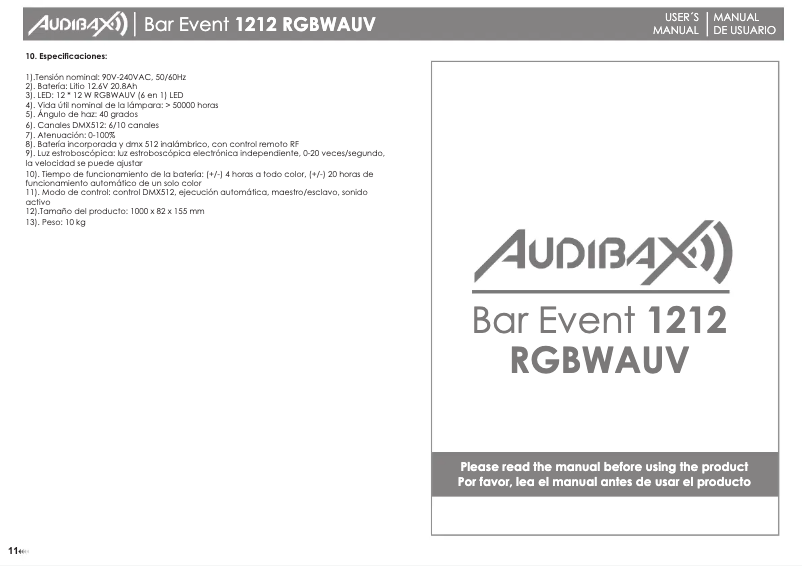 Page 1 de la notice Manuel utilisateur Audibax Bar Event 1212