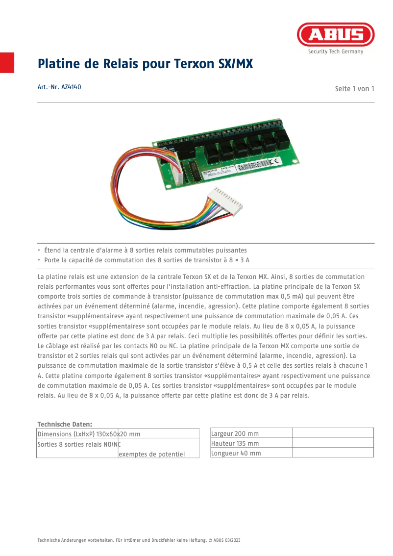 Page 1 de la notice Fiche technique Abus AZ4140