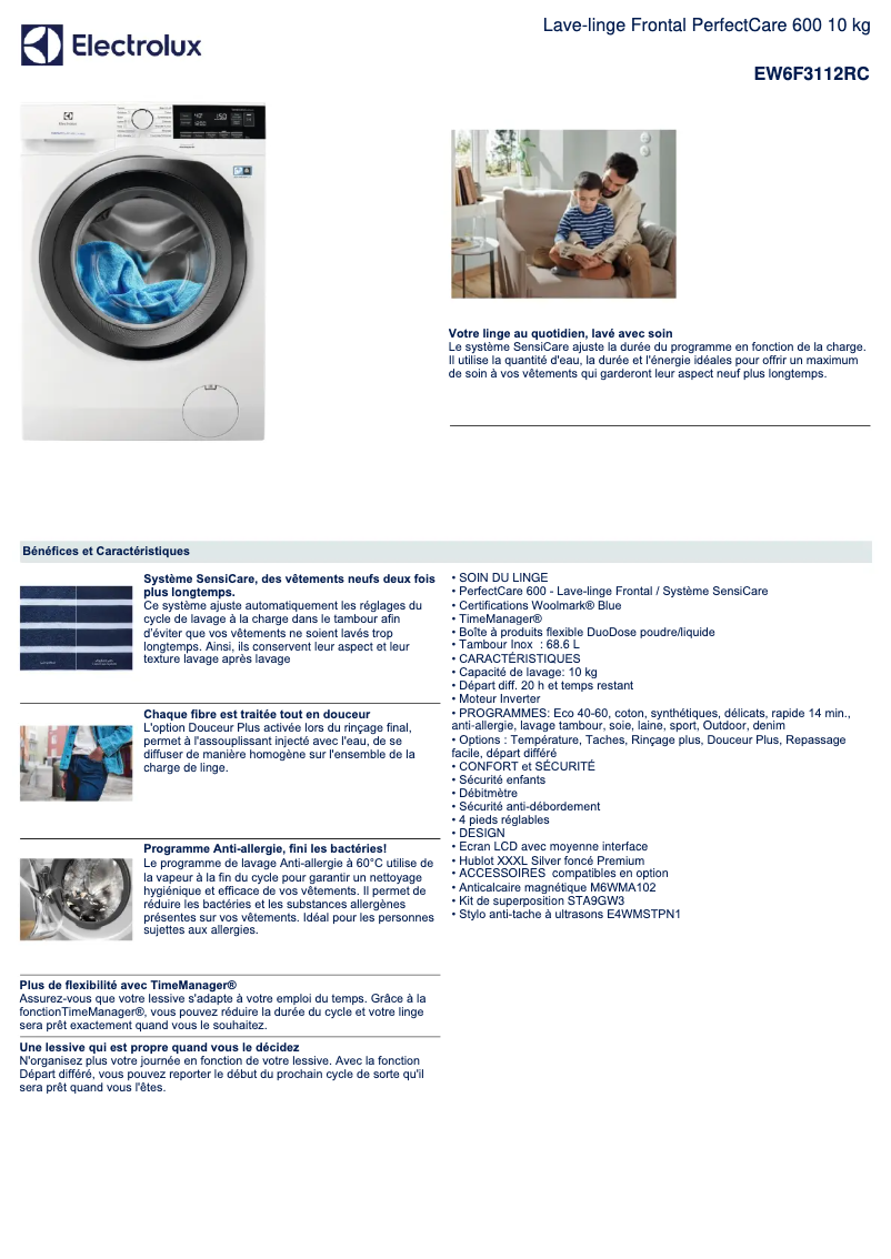 Page 1 de la notice Fiche technique Electrolux EW6F3112RC