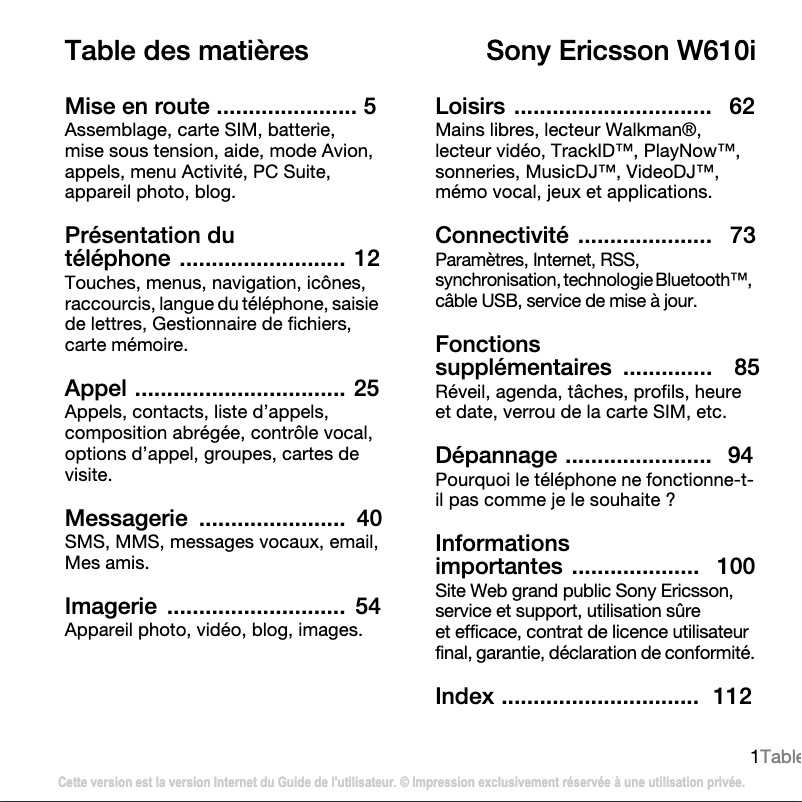 Page 1 de la notice Manuel utilisateur Sony Ericsson W610i