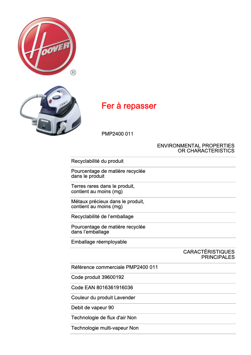 Página 1 del manual Ficha técnica Hoover IronVision PMP2400 011