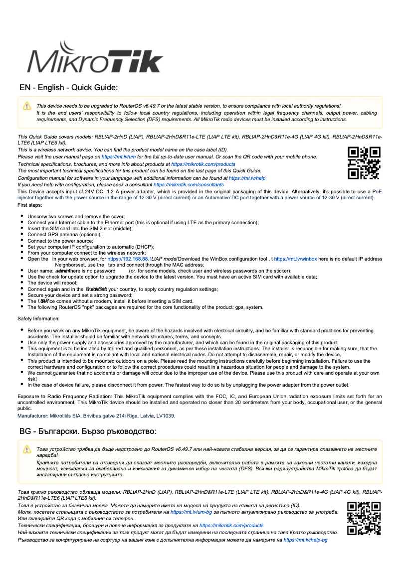 Page 1 of the manual User Manual Mikrotik LtAP
