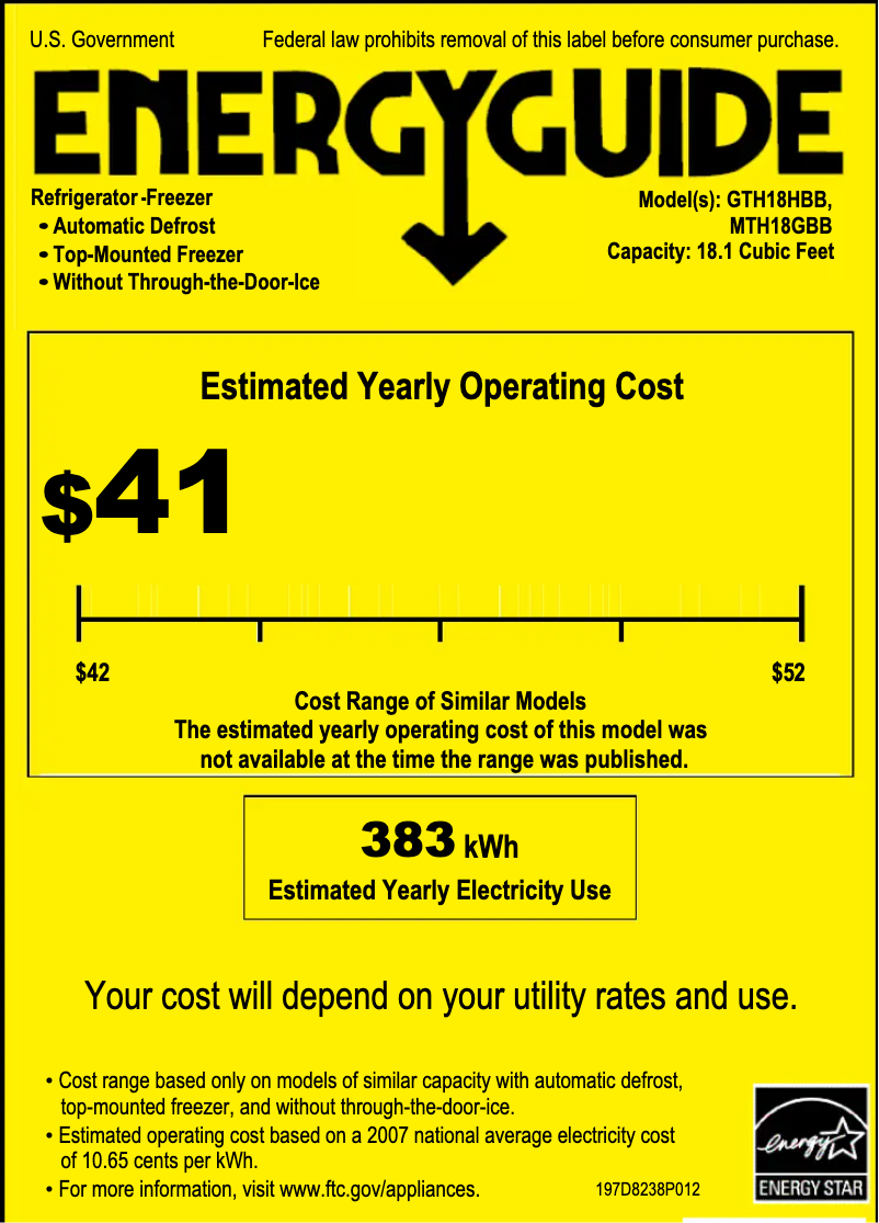 Page 1 de la notice Label énergétique GE GTH18HBBCC