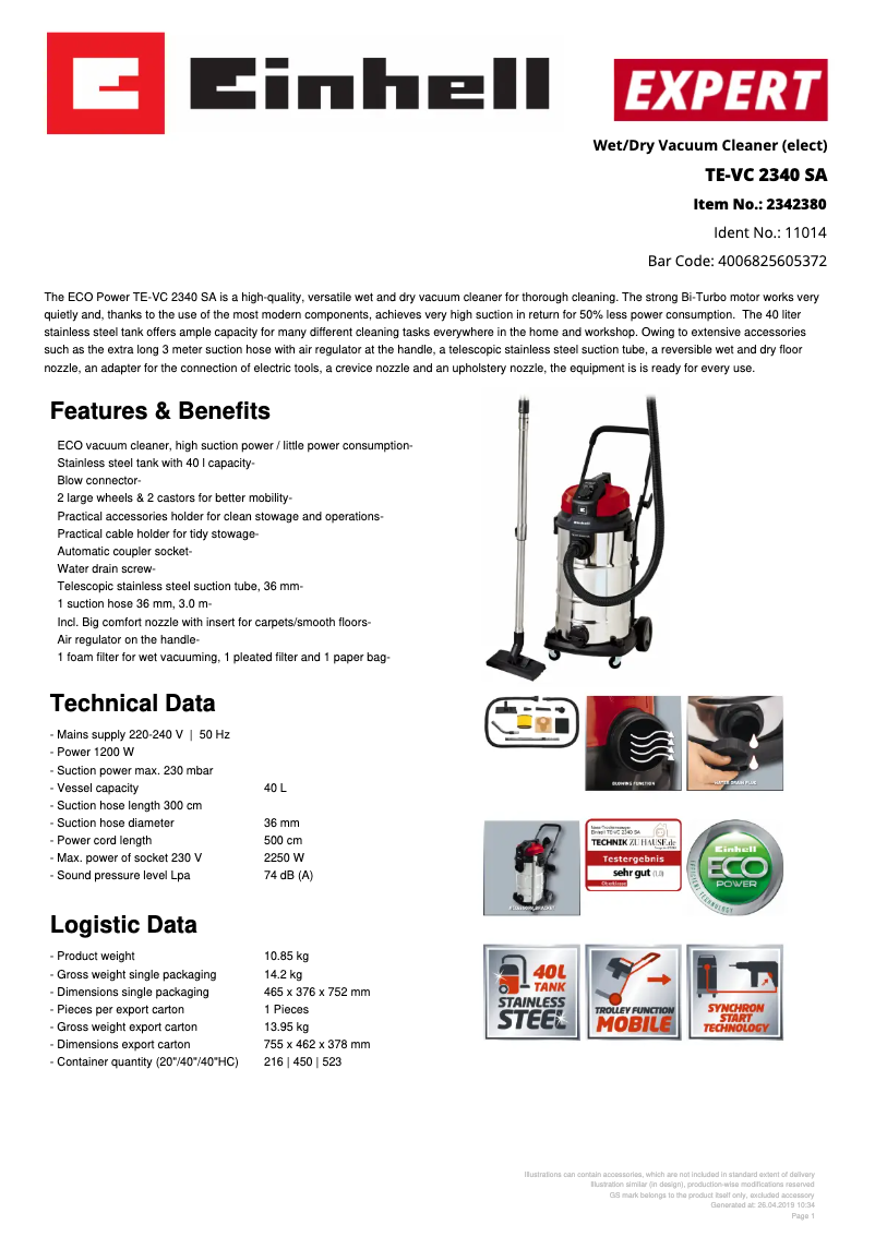 Page 1 de la notice Fiche technique Einhell TE-VC 2340 SA