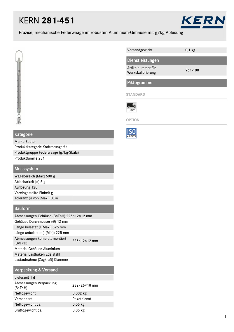 Page 1 de la notice Fiche technique Kern 281-451