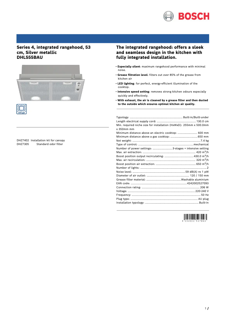 Page 1 de la notice Fiche technique Bosch DHL555BAU