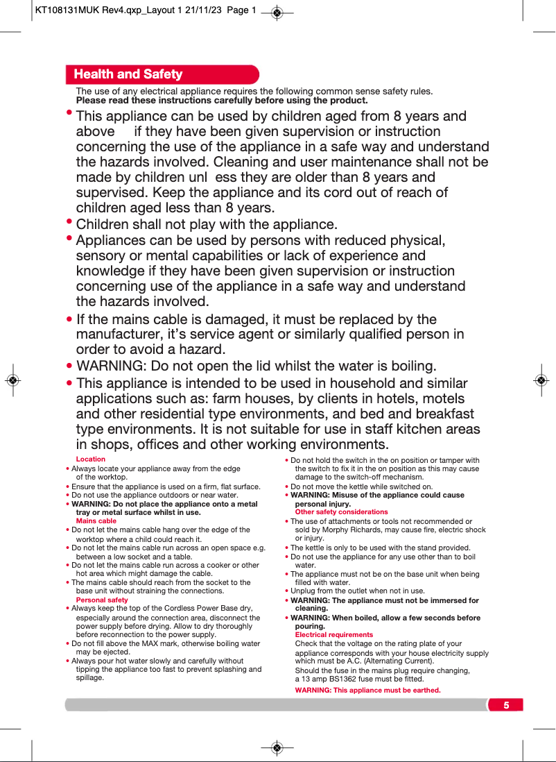 Page 1 de la notice Manuel utilisateur Morphy Richards Vector 108134