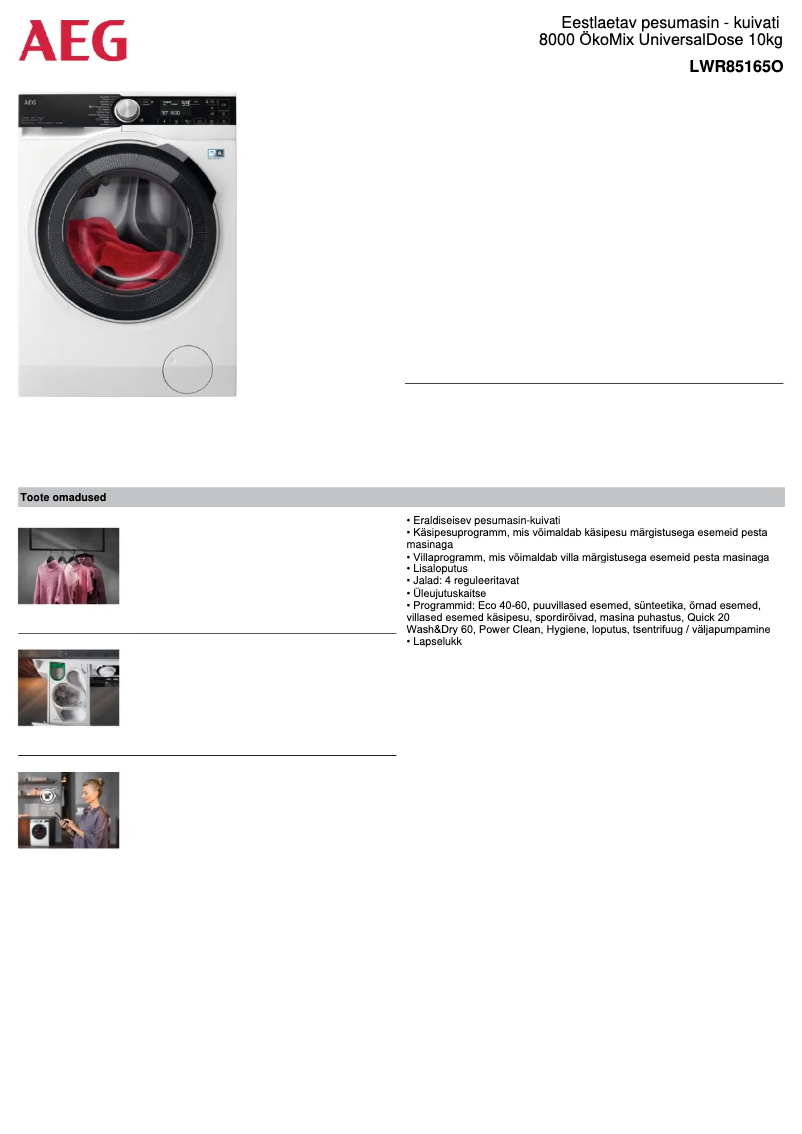 Page 1 de la notice Fiche technique AEG LWR85165O