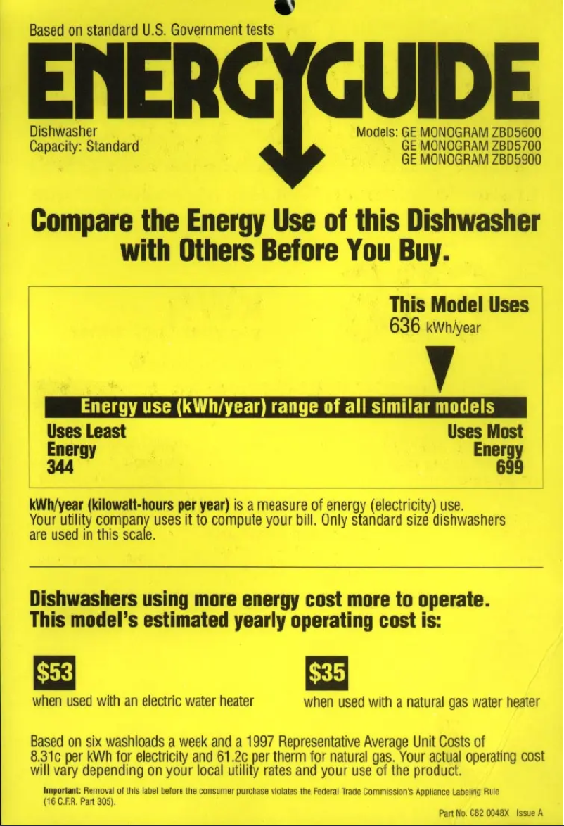 Page 1 of the manual Energy Label GE ZBD5700DWW