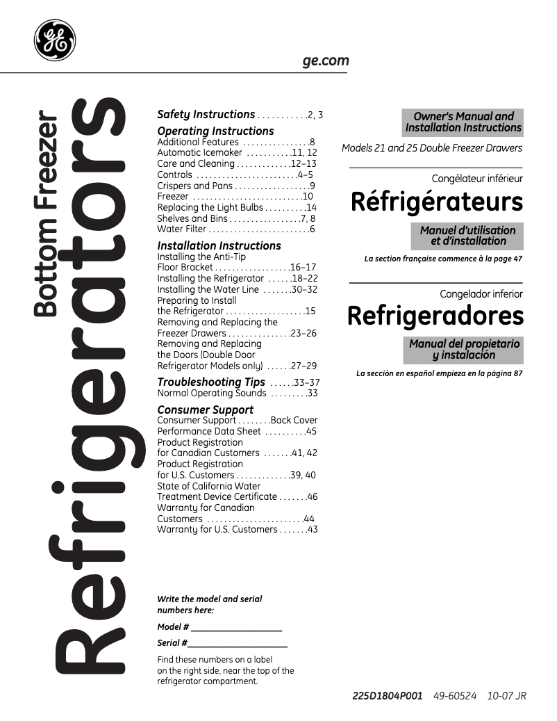 Page n°1 - Manuel utilisateur GE PGCS1PJXSS