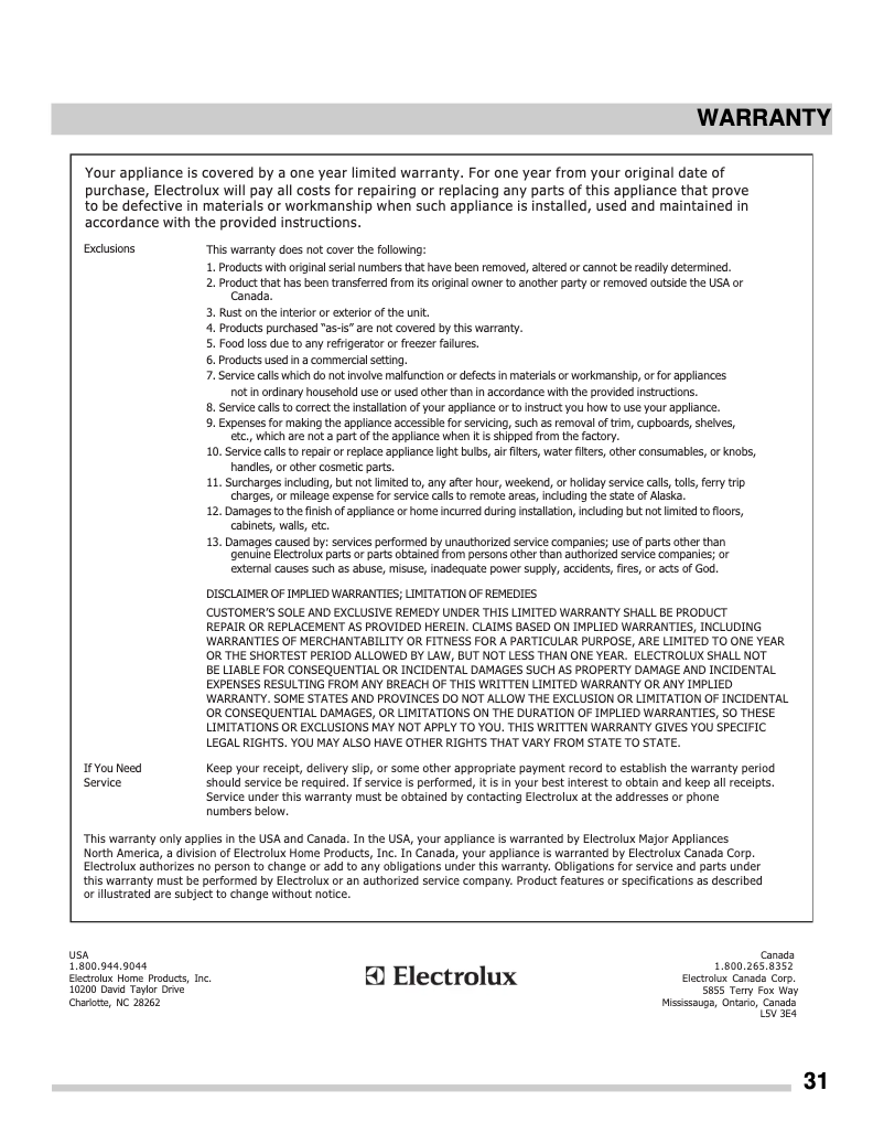 Page 1 de la notice Informations de garantie Frigidaire FFCD2413UW