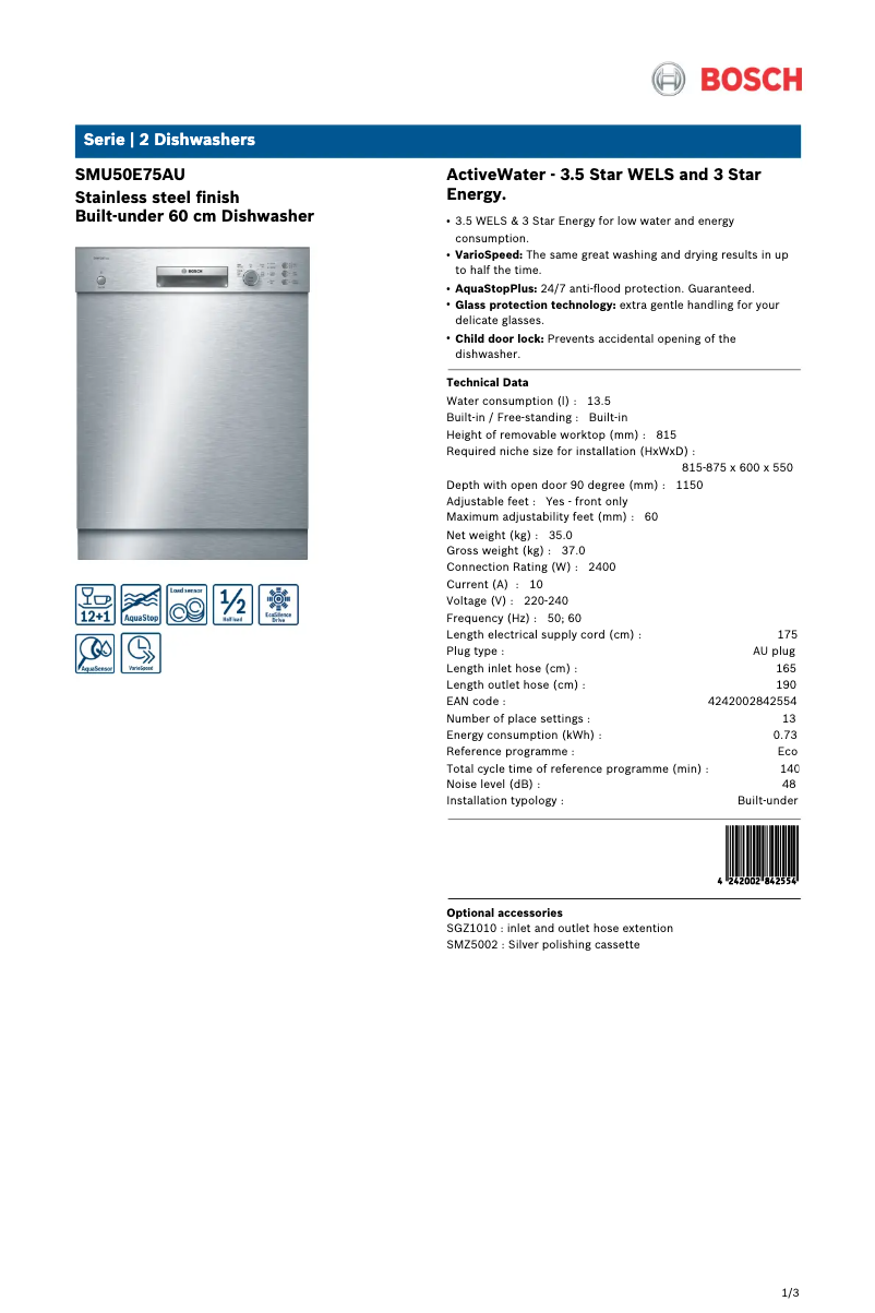 Page 1 de la notice Fiche technique Bosch SMU50E75AU