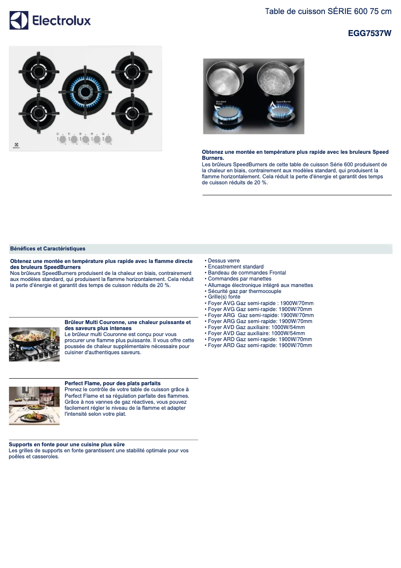 Page 1 de la notice Fiche technique Electrolux EGG7537W