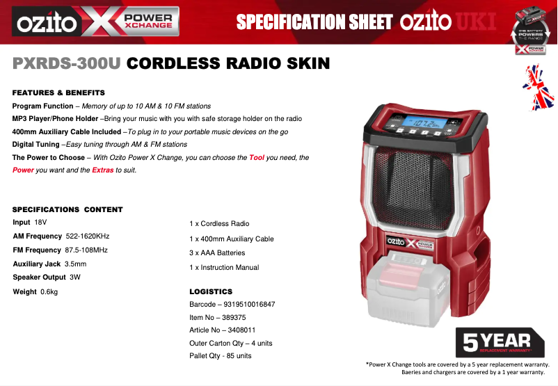 Page 1 de la notice Fiche technique Ozito PXRDS-300U