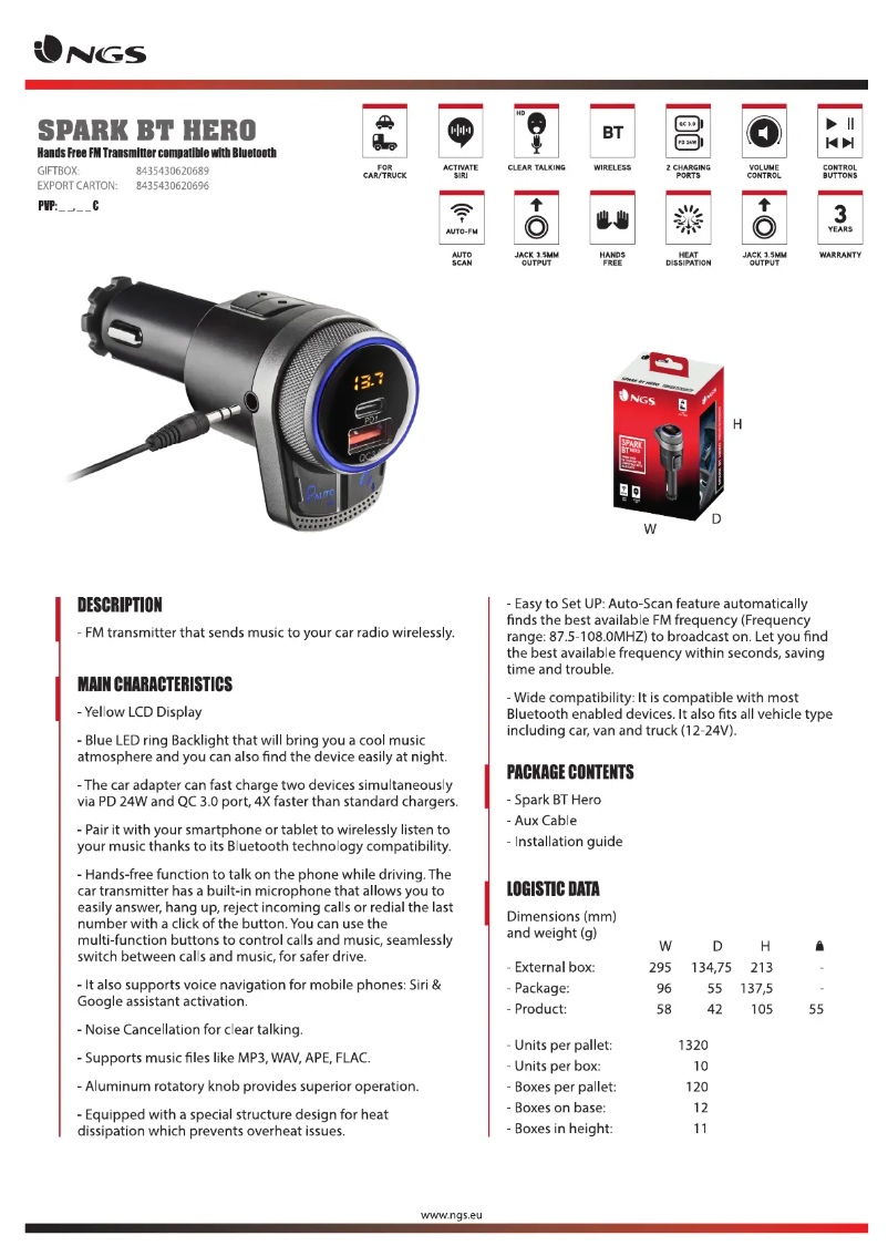 Page 1 de la notice Fiche technique NGS Spark BT Hero