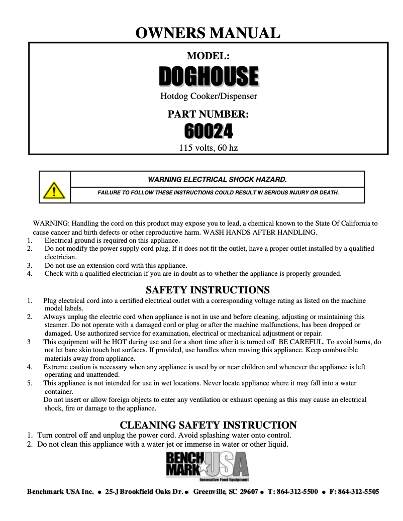 Page 1 de la notice Manuel utilisateur Benchmark USA Doghouse