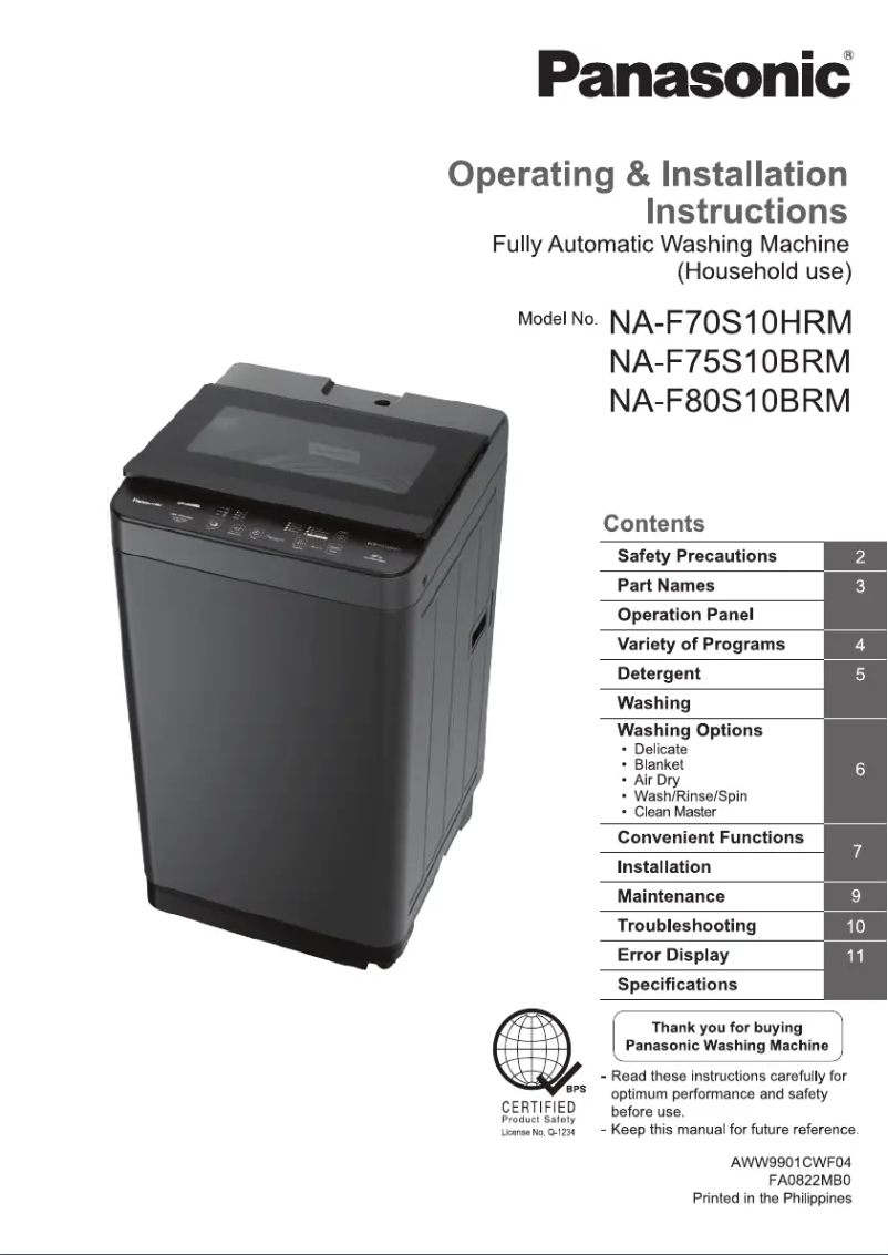 Página 1 del manual Manual de usuario Panasonic NA-F70S10HRM