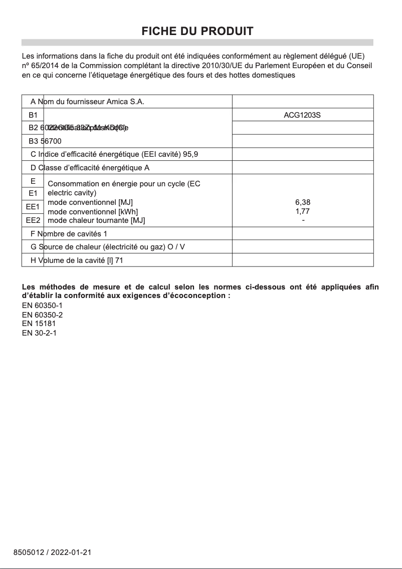 Page 1 de la notice Fiche technique Amica ACG1203S
