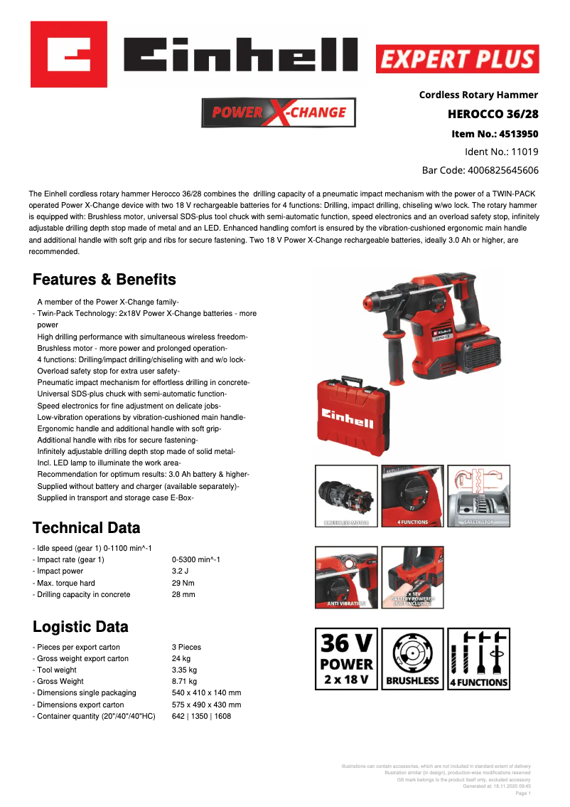 Página 1 del manual Ficha técnica Einhell HEROCCO 36/28