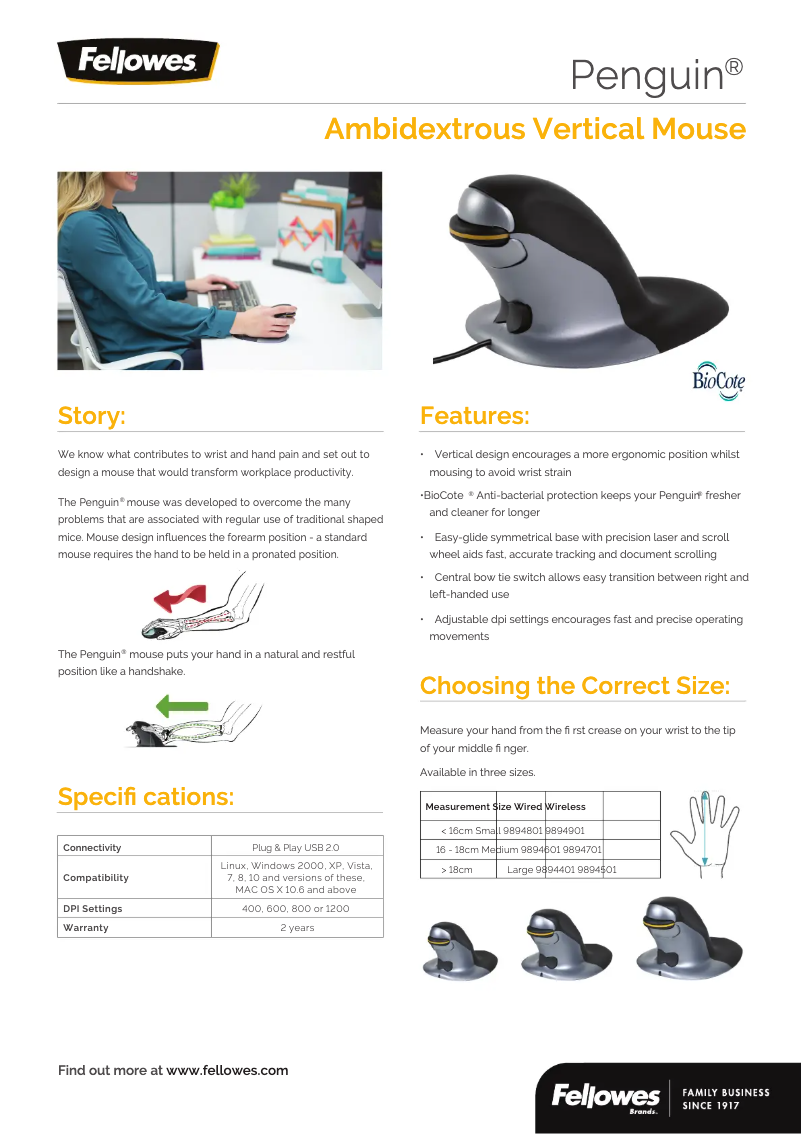 Page 1 de la notice Fiche technique Fellowes Penguin