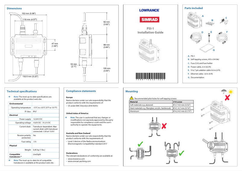 Page 1 de la notice Manuel utilisateur Simrad PSI-1