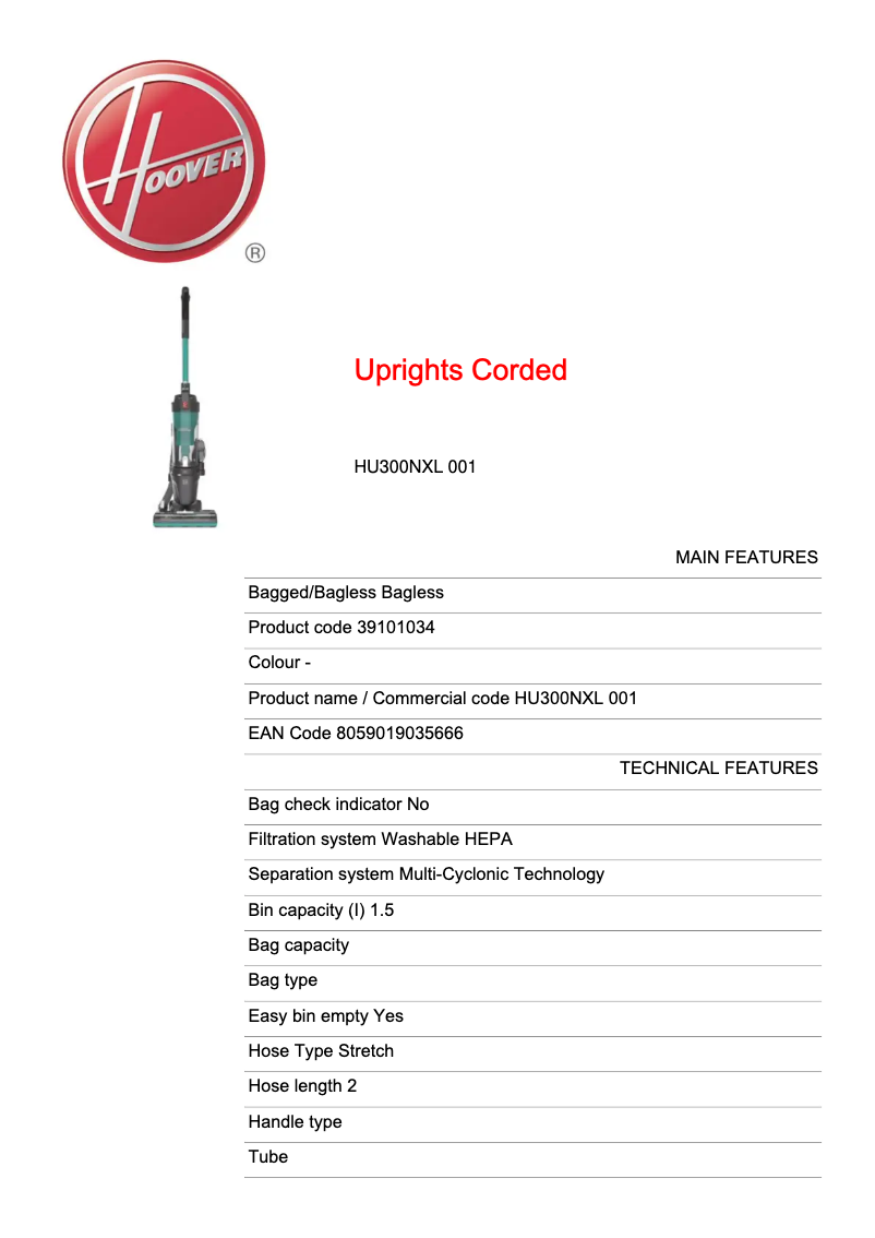 Page 1 de la notice Fiche technique Hoover H-Upright 300 HU300NXL 001