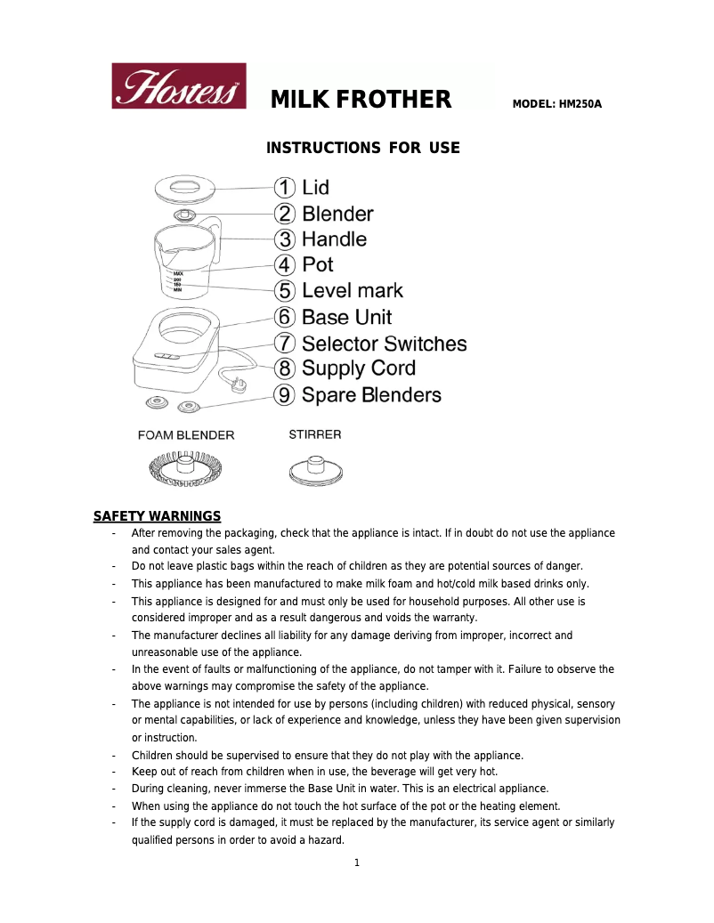 Página 1 del manual Manual de usuario Hostess HM250A