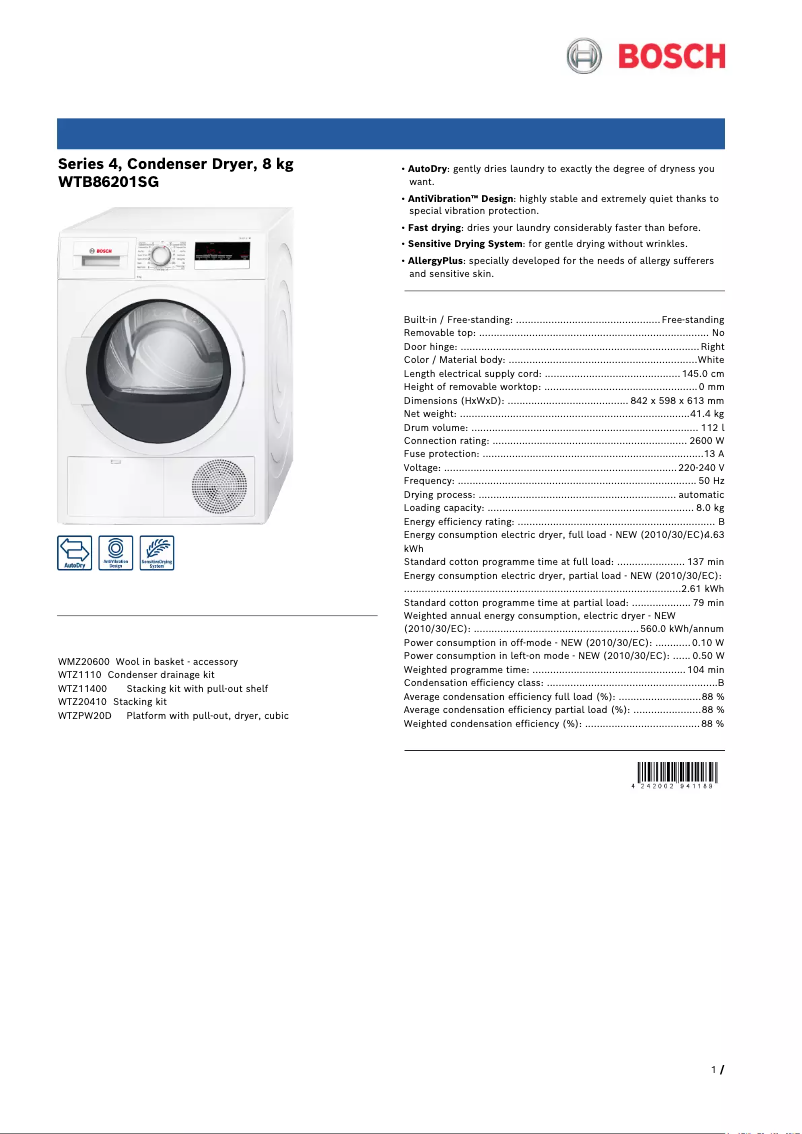 Page 1 of the manual Technical Sheet Bosch WTB86201SG