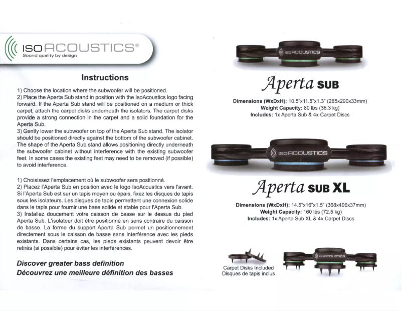 Page 1 de la notice Manuel utilisateur IsoAcoustics Aperta Sub XL