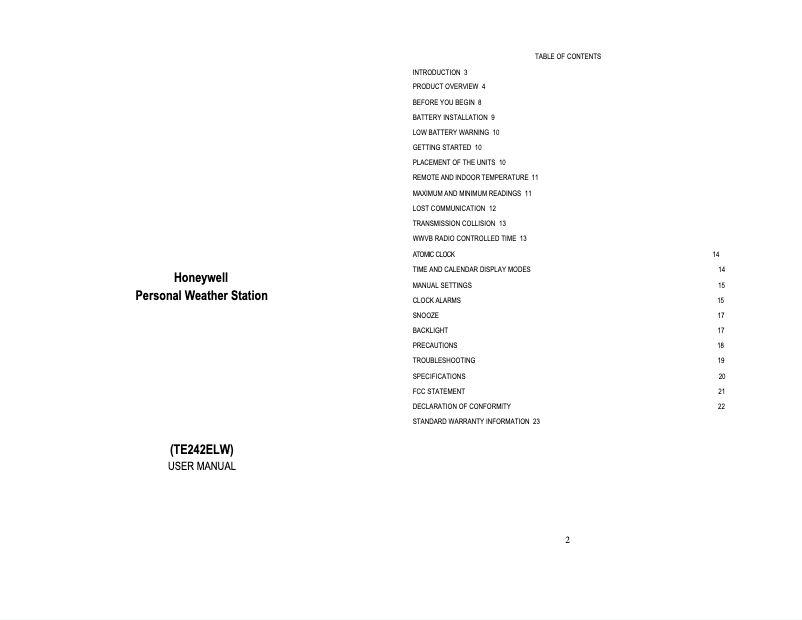 Page 1 de la notice Manuel utilisateur Honeywell TE242ELW